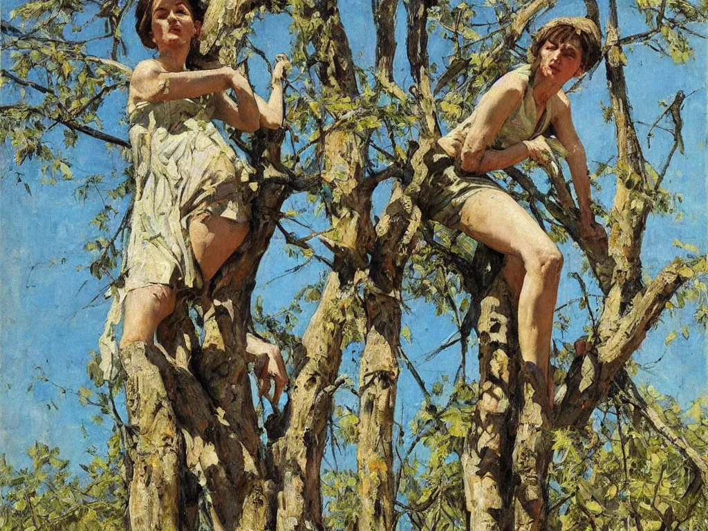 Image similar to tall woman climbing a tree, 1 9 6 0, denis sarazhin, oil on canvas