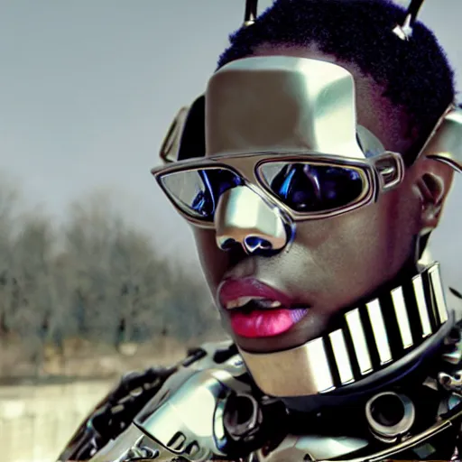 Image similar to a cinematic film still of rapper unotheactivist as a cybernetic cyborg, cgi, surrealism, film photography