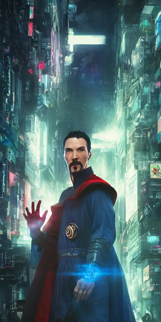 Image similar to cyberpunk, dr strange, photograph, cyborg, robot,, cinematic,