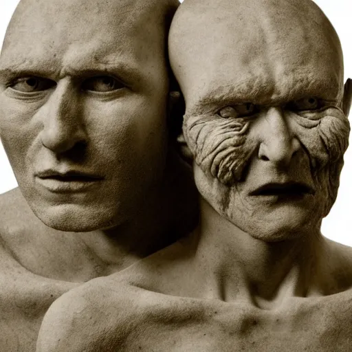 Image similar to a physical sculpture of a struggling human face, it means the two sides of people, by augustus rodin