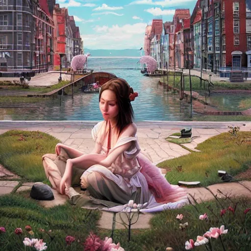 Image similar to a beautiful scenic painting by artgerm and wlop and wes anderson and spike jonze