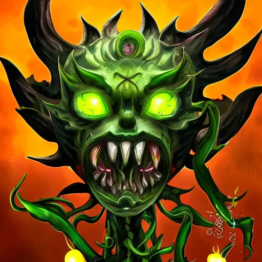 Image similar to A plant demon with amber eyes, menacing smile, voracious, trending on art station
