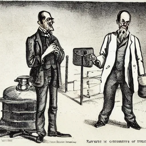 Image similar to Victorian caricature drawing of professor of chemistry Walter White and factory worker named Jesse Pinkman