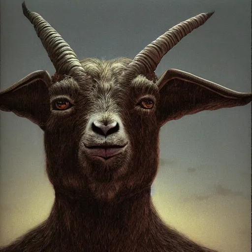 Prompt: a goat as a dark souls boss by zdzisław beksiński