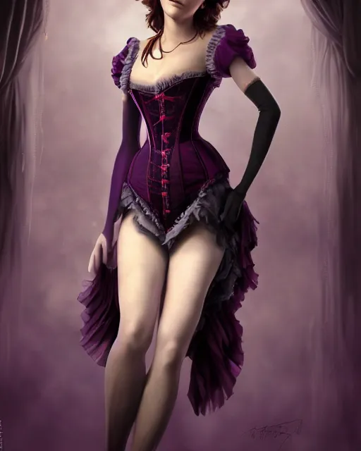 Image similar to full shot portrait painting of very beautiful emma watson standing as black violet maiden in stockings corset noir streets, character design by mark ryden and pixar and hayao miyazaki, unreal 5, daz, hyperrealistic, octane render, cosplay, rpg portrait, dynamic lighting, intricate detail, cinematic