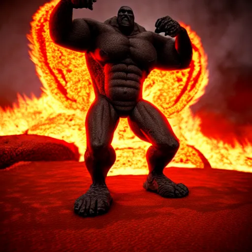 Prompt: a large, muscular, standing, humanoid, lava rock, magma, fire golem creature, burning eyes, exaggerated perspective, unreal engine, 3 5 mm