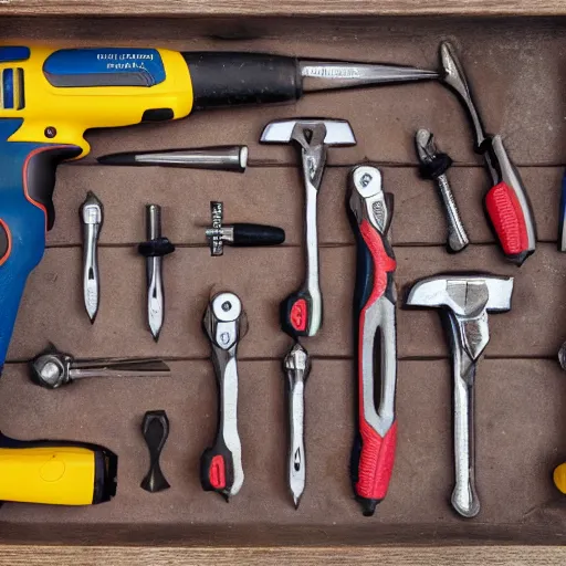 Image similar to photo of a tool table with a hammer, wrench, pliers, screwdriver, screws, mallet, saw and crowbar, highly detailed, high quality, HD, 4k, 8k, Canon 300mm, professional photographer, 40mp, lifelike, top-rated, award winning, realistic, sharp, no blur, edited, corrected, trending