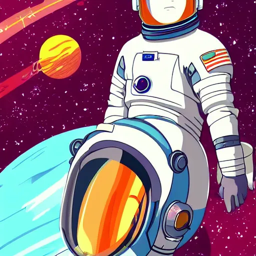 Image similar to an anime astronaut relaxing in space, manga character, anime, vector art, glitchcore, studio ghibli,