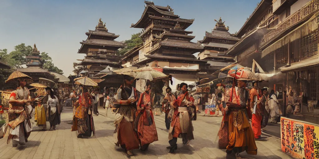 Image similar to india in the 1 8 0 0 s filled with japanese architecture, samurai's walking the streets, indians in traditional wear haggling with the street vendors, surreal, beautiful, hyper realistic, trending on artstation, 8 k, hd