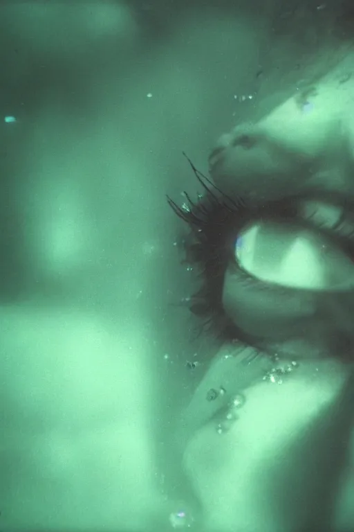 Image similar to film still, underwater view of young woman eyes, 35mm