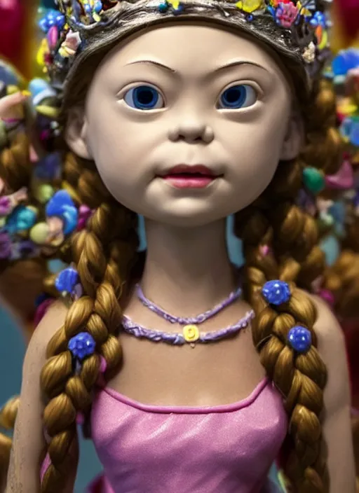 Image similar to closeup face profile portrait of tin toy greta thunberg as a fairytale princess wearing a crown eating cakes, bikini, depth of field, zeiss lens, detailed, symmetrical, centered, fashion photoshoot, by nicoletta ceccoli, mark ryden, lostfish, breathtaking, 8 k resolution, extremely detailed, beautiful, establishing shot, artistic, hyperrealistic, octane render