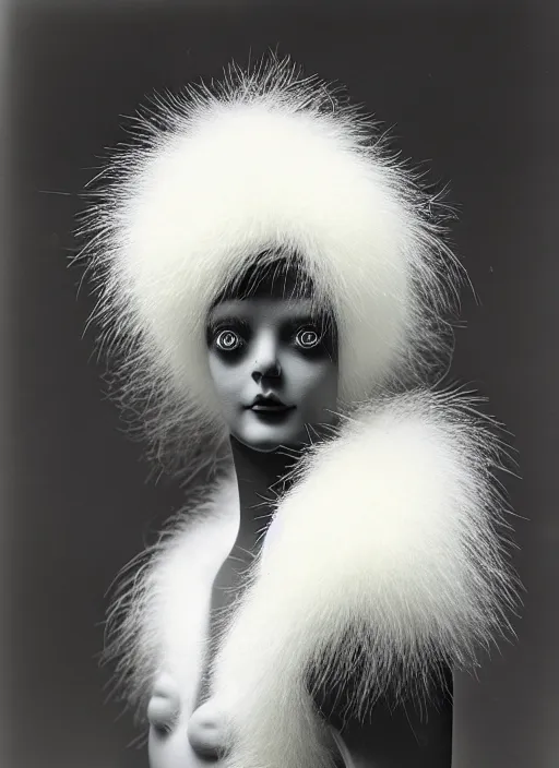 Image similar to realistic photo of a human model doll made of wood and covered with white dots, with a birds beak instead of the nose, white hairs and fluffy fur, center straight composition, front view 2 0 0 0, life magazine photo, museum archival photo