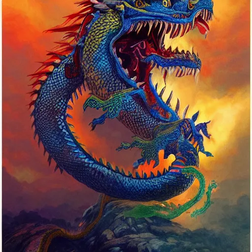 Image similar to artstation concept of a chinese dragon breathing visably, bright colorful, hyperdetailed, artstation trending, world renowned artists, worth 1 0 0 0. com, historic artworks society, antique renewel, cgsociety, by greg rutkowski, by gustave dore, deviantart