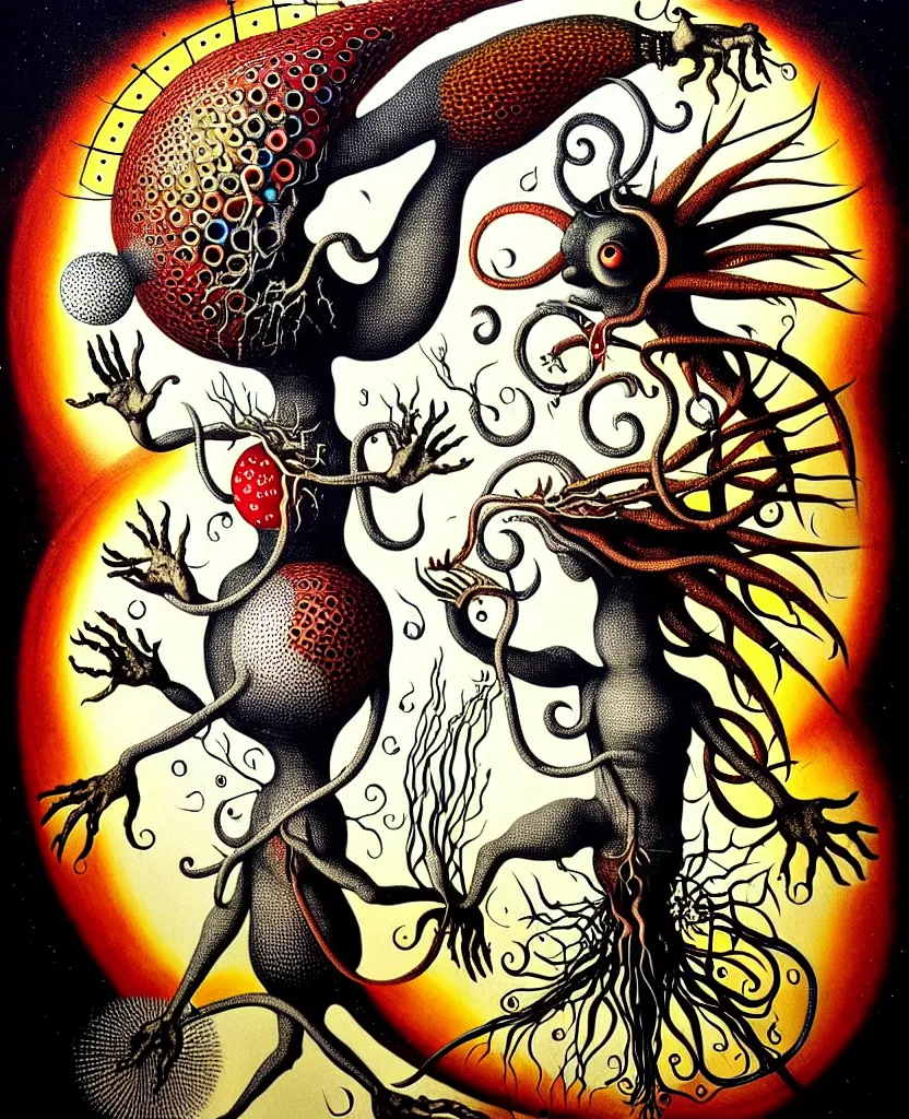 Image similar to whimsical freaky creature sings a unique canto about'as above so below'being ignited by the spirit of haeckel and robert fludd, breakthrough is iminent, glory be to the magic within, painted by ronny khalil