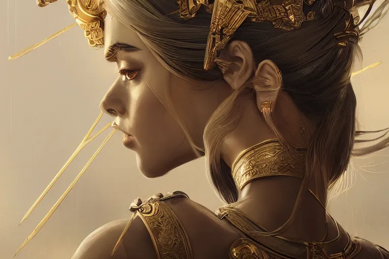 Prompt: photo of goddes of war in modern city, elegant, highly detailed, smooth, sharp focus, illustration, beautiful, geometric, trending on artstation, cinematic, artwork by WLOP