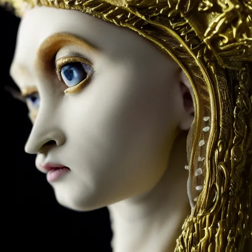 Image similar to photo taken of an epic intricate, ultra detailed, super realistic bust of a young majestic gracious regal beautiful aristocratic female vampire stop motion puppet created by weta workshop, menacing, some zoomed in shots, photorealistic, sharp focus, white wall, extremely cold blueish colour temperature, 3 5 mm, f 1. 4, golden ratio