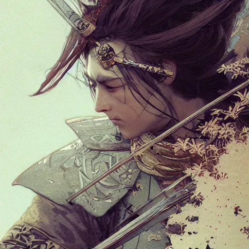Prompt: A samurai in battle, D&D, fantasy, intricate, cinematic lighting, highly detailed, digital painting, artstation, concept art, smooth, sharp focus, illustration, art by Akihiko Yoshida, Greg Rutkowski and Alphonse Mucha