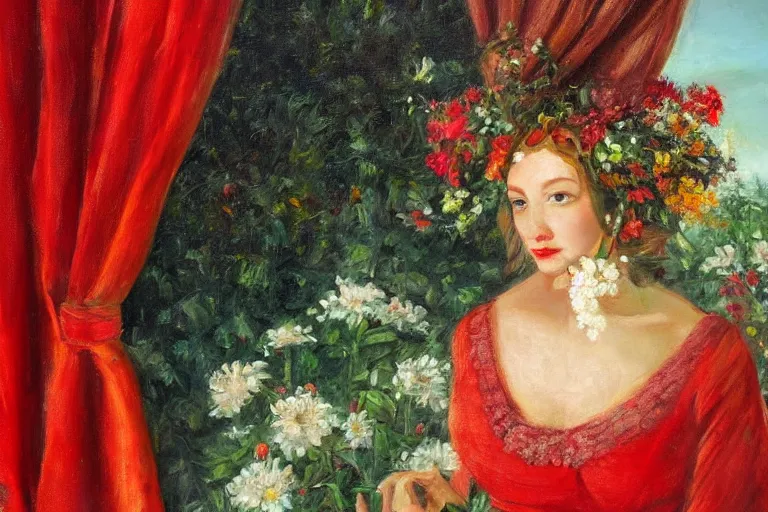 Prompt: oil painting, long view, hight detailed, portrait of woman with flowers in her head in front of red curtain, in style of neodada