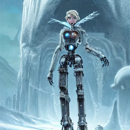 Image similar to elsa as a complex robotic monster, cyborg frozen robot with long fingers, snow planet, illustrative style, intricately detailed, frostpunk, Artwork by Ted Nasmith + Marc Simonetti + Studio Ghibli