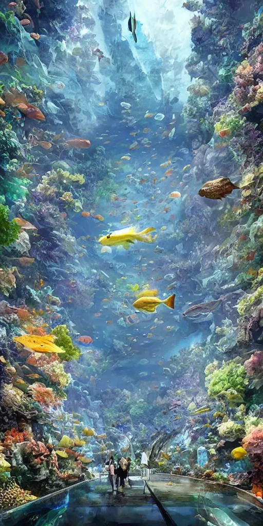 Prompt: a large aquarium filled with lots of fish, concept art by stephan martiniere, cgsociety, environmental art, hall of mirrors, made of glass, sense of awe