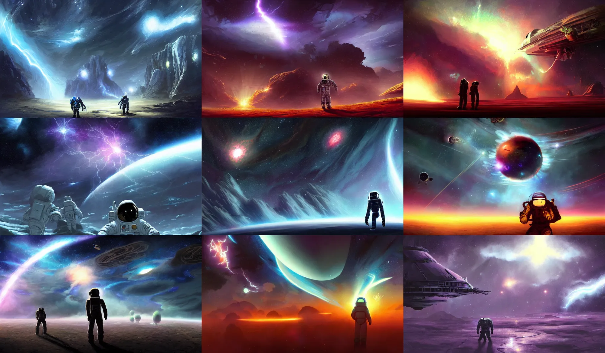 Prompt: astronaut silhouette in foreground, beautiful alien world, fractal lightning, starfield in background, style of Tyler Edlin, style of Tim White