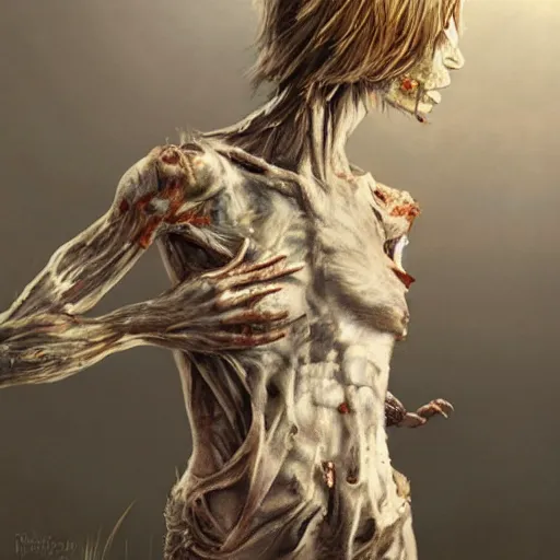 Image similar to clear portrait of a anorexic zombie, hideous appearance, ripped clothing, malnourished, cottagecore!!, background hyper detailed, character concept, full body, dynamic pose, intricate, elegant, highly detailed, digital painting, artstation, concept art, smooth, sharp focus, illustration, art by artgerm and greg rutkowski and alphonse mucha