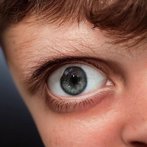 Image similar to a closeup portrait of a boy with brown hair and brown eyes. Extremely clear and high quality eyes with reflection, realistic face and details, clear lips and high quality