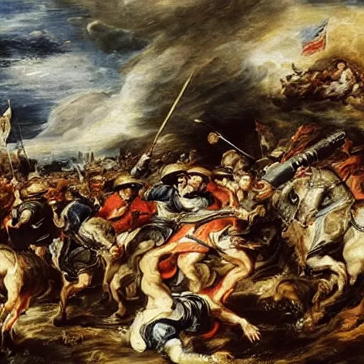 Image similar to A painting of a battlefield, with soldiers fighting and dying, by Peter Paul Rubens