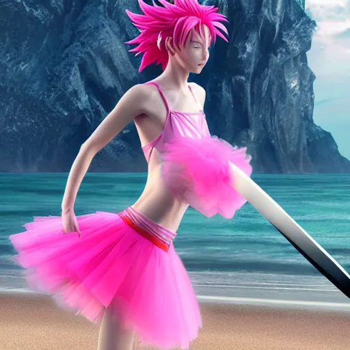 Image similar to hisoka wearing a pink tutu ballet dress with a shiny chrome sword in his hand while standing on a rainy beach with girls in colorfull bikini ‘ s in the back, anime style, 4 k, high detail, minimalistic,