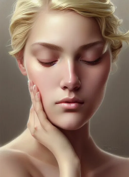 Image similar to beautiful face! portrait of young woman blessed with ever - increasing physical and mental perfection, realism, blonde hair, perfect face!! intricate, elegant, highly detailed, vision of holy perfection!! digital painting, artstation, concept art, smooth, sharp focus, illustration, humanity, art by artgerm and greg rutkowski and alphonse mucha