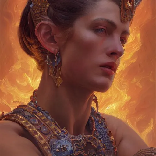 Prompt: an portrait of a female fire goddess, detailed, centered, digital painting, artstation, concept art, donato giancola, Joseph Christian Leyendecker, WLOP, Boris Vallejo, Breathtaking, 8k resolution, extremely detailed, beautiful, establishing shot, artistic, hyperrealistic, beautiful face, octane render