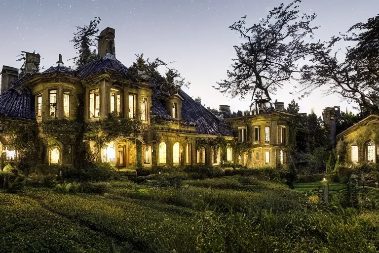 Prompt: luxurious but overgrown estate, night, golden moon