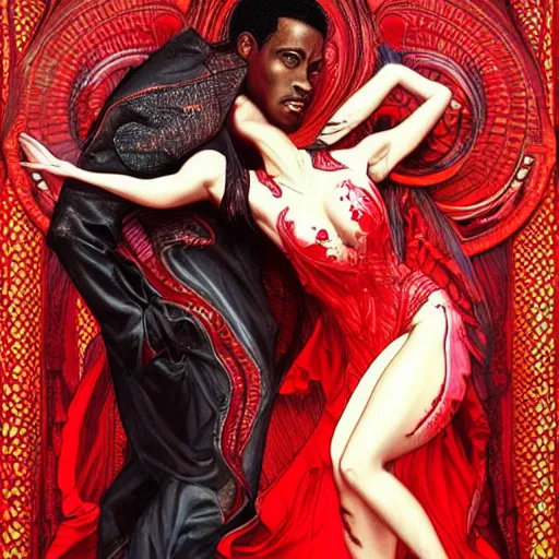 Image similar to a photograpic portrait of a black man dancing with a female devil wearing red clothes, fantasy, intricate, elegant, highly detailed, digital painting, artstation, concept art, smooth, sharp focus, illustration, art by artgerm and H R Giger and alphonse mucha