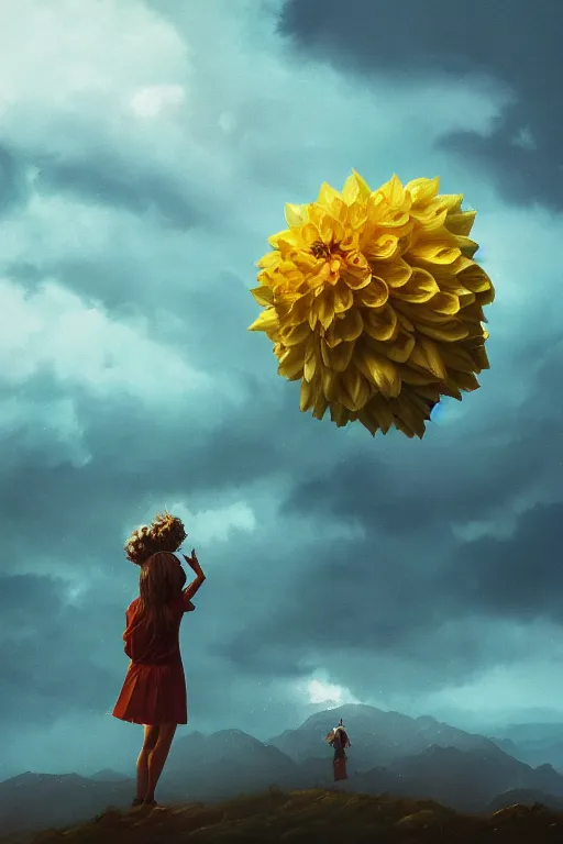 Image similar to closeup girl with huge yellow dahlia flower face, intricate, standing on mountain, surreal photography, blue storm clouds, dramatic light, impressionist painting, digital painting, artstation, simon stalenhag