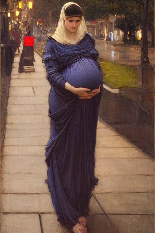 Prompt: pregnant woman under street light by john william waterhouse and Edwin Longsden Long and Theodore Ralli and Nasreddine Dinet, oil on canvas. Cinematic, hyper realism, dramatic lighting, high detail 4k