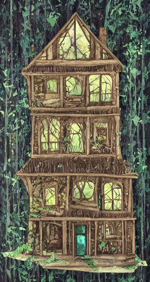 Image similar to victorian house made of wood in a dark forest with obsidian trees and Opal flowers, jade, lapis, eerie, painting