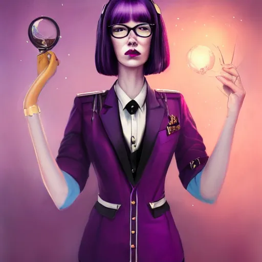 Image similar to beautiful tall secretary with purple hair, a horn on her head, a purple tuxedo, purple eyes, award winning photography, cinematic, digital painting, cinematic, wlop, 8 k, by ross tran, tom bagshaw