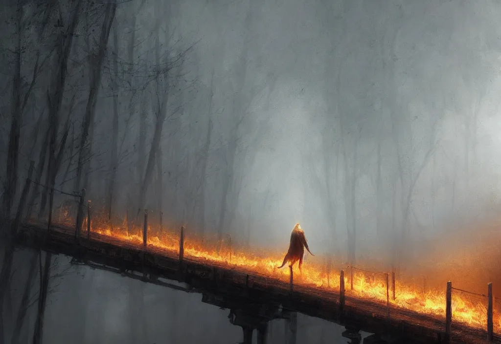 Prompt: a white wolf walking on a burning bridge, artstation, jakub rozalski, high detail, dramatic lighting, night, fog