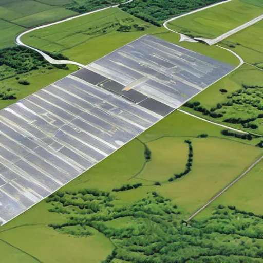 Prompt: aerial photograph of a small airfield with hangars and a runway. Realistic, detailed