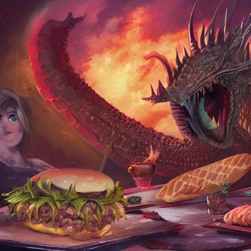 Prompt: Tiamat guarding a pile of cheeseburgers, dungeons and dragons, wizards of the coast, trending on art station, maximum detail, HD, cinematic