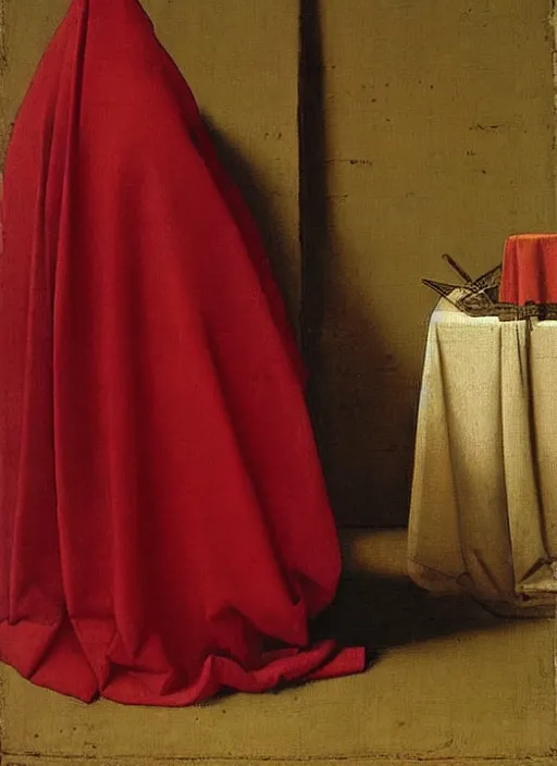 Image similar to red cloth, medieval painting by jan van eyck, johannes vermeer