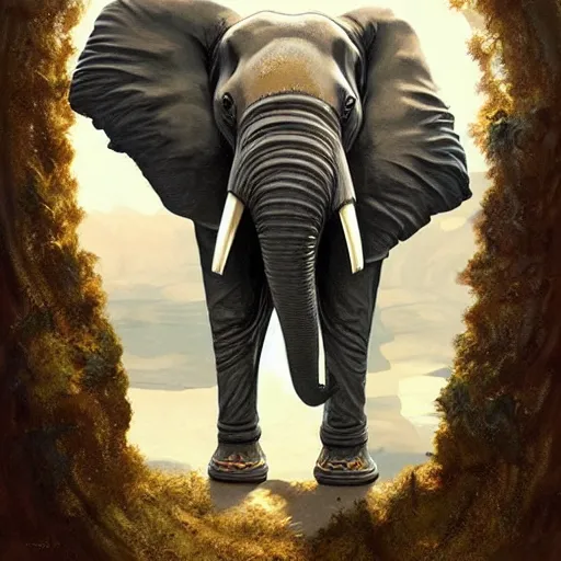 Prompt: an elephant dressed as an aviator, centered full body pose, zenith angle, shadowy area, dramatic lighting, concept art, digital painting, Unreal Engine 5, 8K, art by artgerm and Greg Rutkowski and Alphonse Mucha