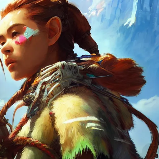 Image similar to wide shot, aloy from horizon zero dawn eating a bannana, digital art, highly detailed, digital painting, symmetry, concept art, sharp focus, illustration, art by artgerm! greg rutkowski magali villeneuve wlop! ilya kuvshinov!!, octane render