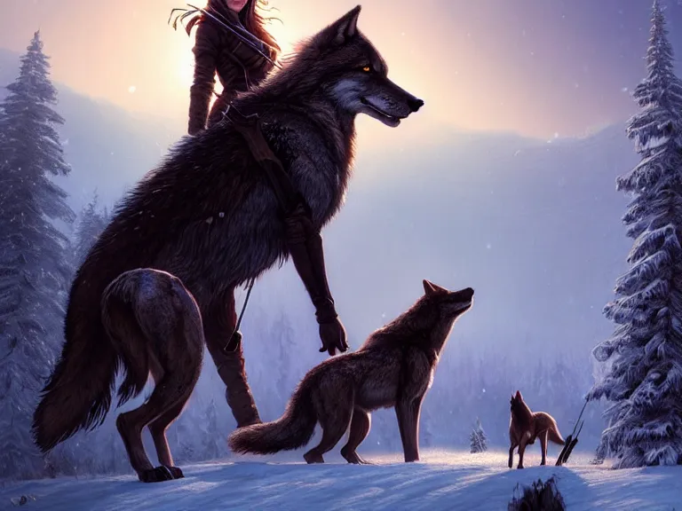 Image similar to a beautiful and aesthetic huntress with big wolf on the winter valley, toward to the camera, hunting the monsters, cynical, dramatic pose, intricate, highly detailed, detailed face, smooth, sharp focus, environmental light, rim light, artgerm, artstation, greg rutkowski, ilya kuvshinov, rossdraws, fantasy illustration