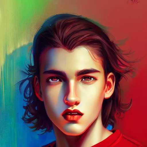 Prompt: colorful and festive captivating teenager with straight brown hair covering his eye, dark skin, big lips, wearing a red t - shirt. rich vivid colors, ambient lighting, dynamic lighting, 4 k, atmospheric lighting, painted, intricate, highly detailed by charlie bowater