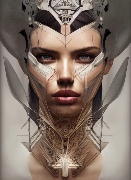 Image similar to symmetry!! adriana lima, machine parts embedded into face, intricate, elegant, highly detailed, digital painting, artstation, concept art, smooth, sharp focus, illustration, art by artgerm and greg rutkowski and alphonse mucha, 8 k