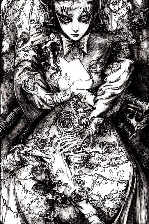 Image similar to Psycho Alice in wonderland tarot card , pen and ink, intricate line drawings, by Yoshitaka Amano, Ruan Jia, Kentaro Miura, Artgerm, watercolor