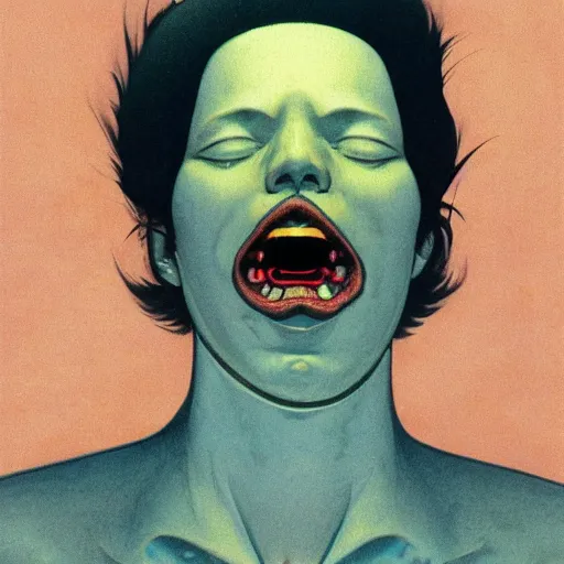 Image similar to a scifi closeup portrait of a young british man licking a blotter paper of LSD acid on his tongue and dreaming psychedelic hallucinations in cosmos, by kawase hasui, moebius, Edward Hopper and James Gilleard, Zdzislaw Beksinski, Steven Outram colorful flat surreal design, hd, 8k, artstation