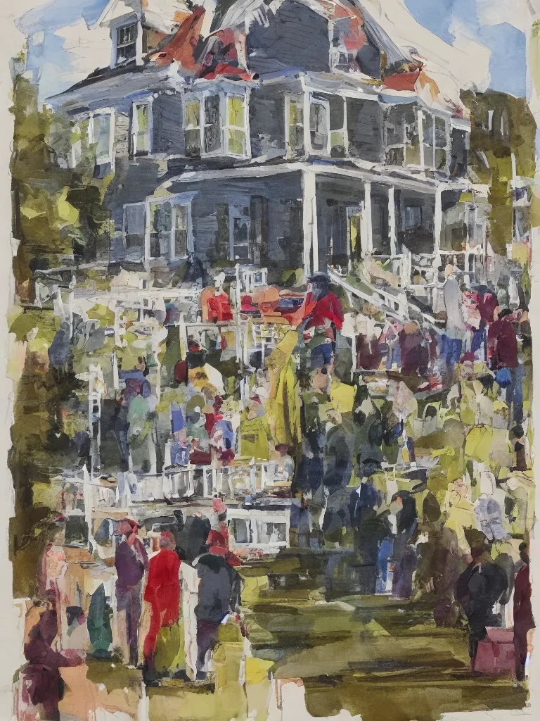 Image similar to people stand at the parsonage and observe the elevation of the structure, high detailed, art by jack butler, art by chris gwaltney, art by dominic besner, masterpiece, deep colours