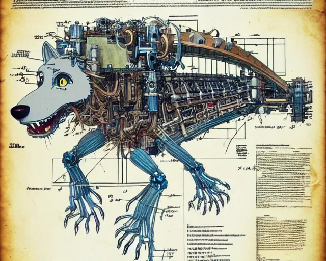 Image similar to a full page of a mechanical blueprint showing a cutaway design for a mechanized six legged wolf from howl's moving castle ( 2 0 0 4 ), with a big head, muted colors, post grunge, studio ghibli, hq,